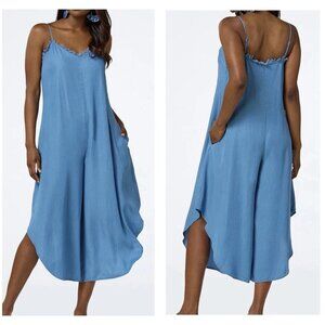 CATO Blue Frayed Chambray Jumpsuit Wide Barrel Leg Size 22W/24W Boho